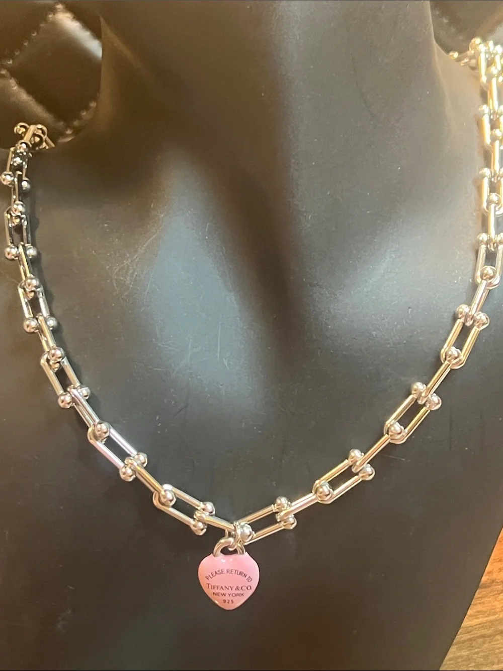 Tiffany & Co. Silver Bead-Link Necklace with Pink Heart Tag